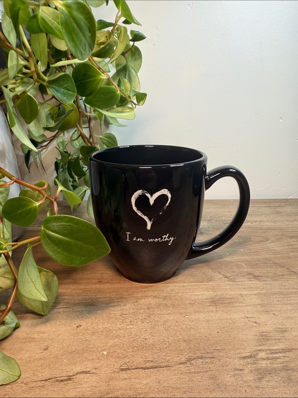 I Am Worthy Black Ceramic Mug Heart Affirmation M-Ware